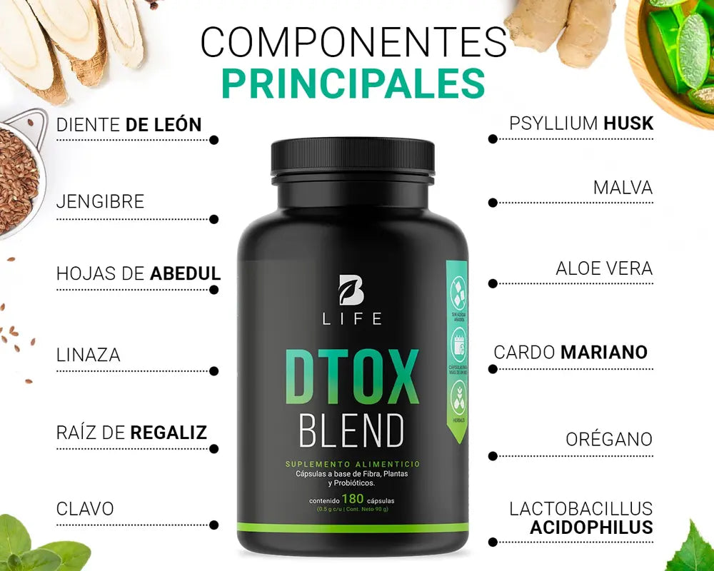 Beneficios e ingredientes Dtox Blend B Life Apoya la desintoxicación del cuerpo Beneficia la pérdida de peso