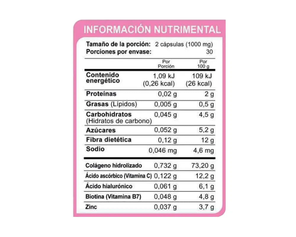 tabla nutrimental de Biotina+ con Colágeno y Ácido Hialurónico Apoya la producción de colágeno y regeneración celular