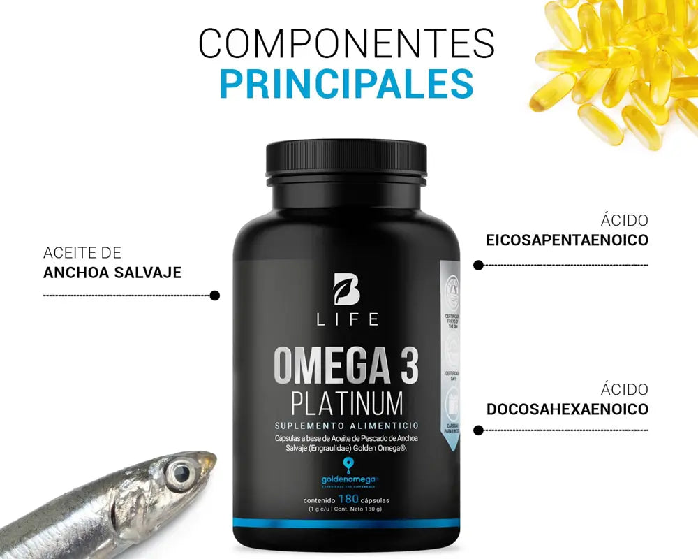 ingredientes Omega 3 Platinum B Life mejora la circulación disminuye los niveles de colesterol LDL y VLDL