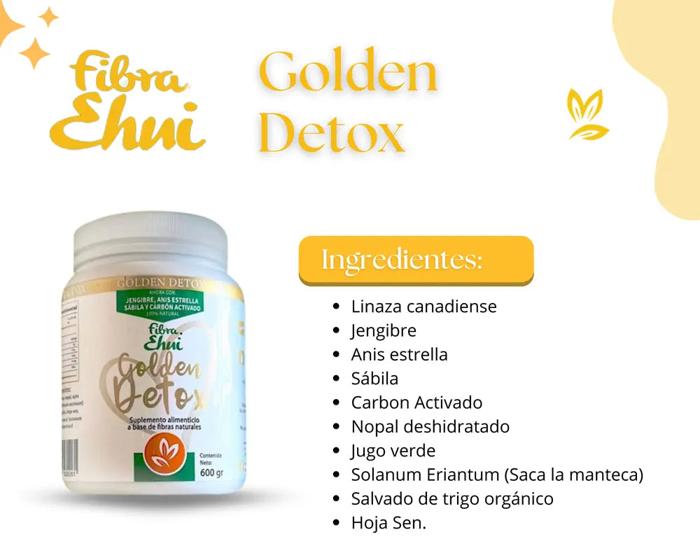 Ingredientes de la Fibra Ehui Golden Detox Mejora la apariencia de la piel Combate el estreñimiento y mejora la digestión