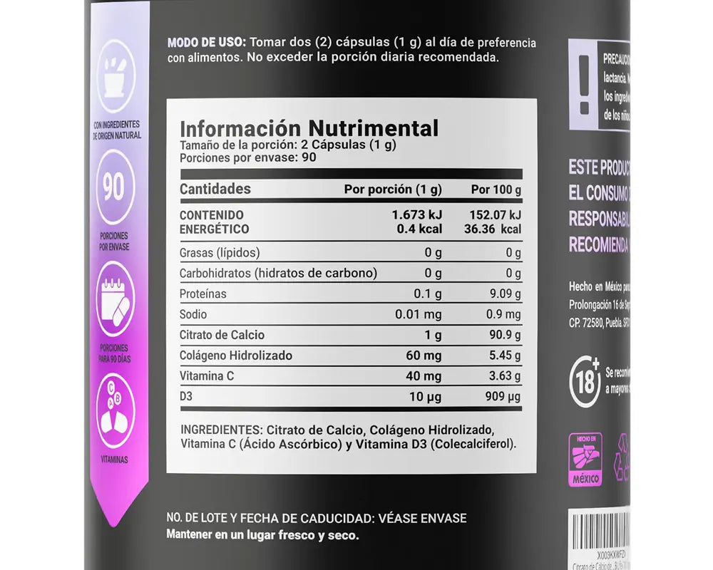 Información Nutrimental de Caltrato & D3 B Life | Citrato de Calcio y Vitamina D3