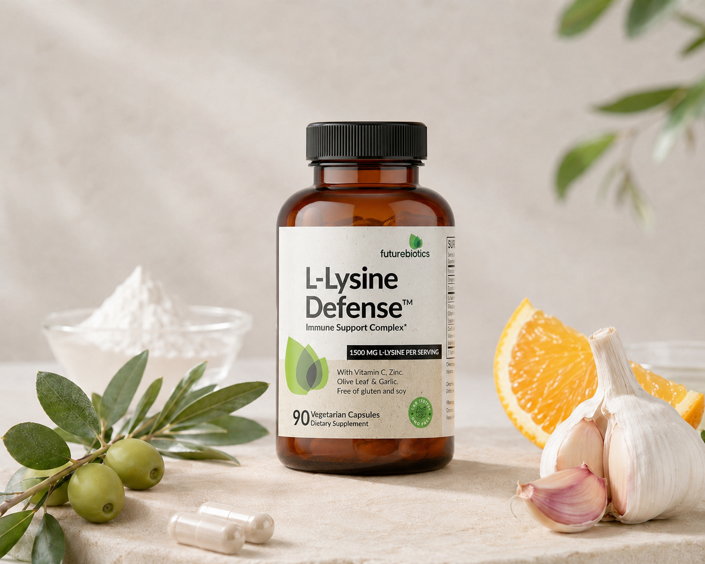 ingredientes de L-Lysine Defense Vitamina C, Zinc, extracto de Hoja de Olivo y extracto de Ajo.