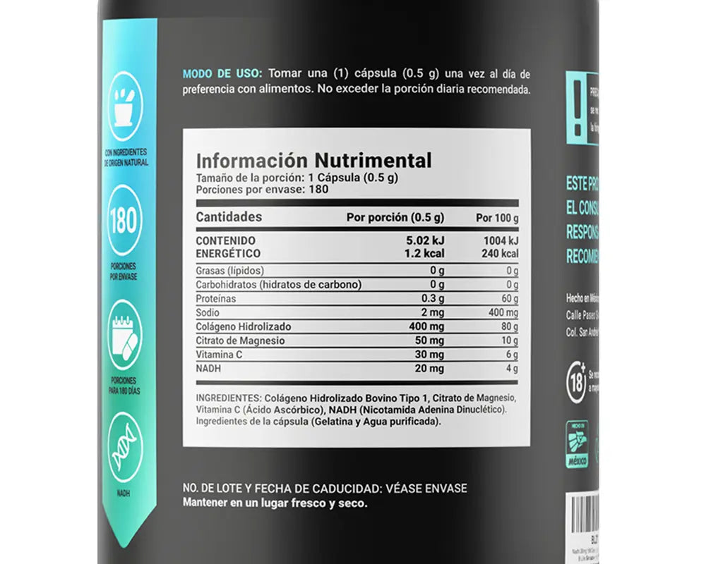 Ingredientes NADH Blend | NADH, Colágeno Hidrolizado y Vitamina C Apoyo a la función muscular Ayuda a equilibrar los niveles hormonales