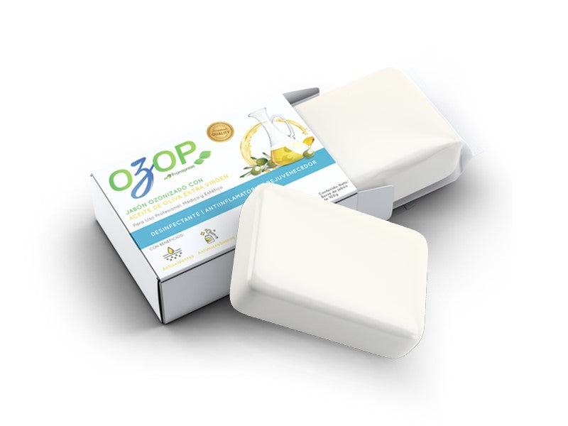 Paquete de 2 OZOP Jabón ozonizado con aceite de oliva extra virgen para Ozonoterapia, muchos beneficios para el acné, Antiinflamatorio, antiedad
