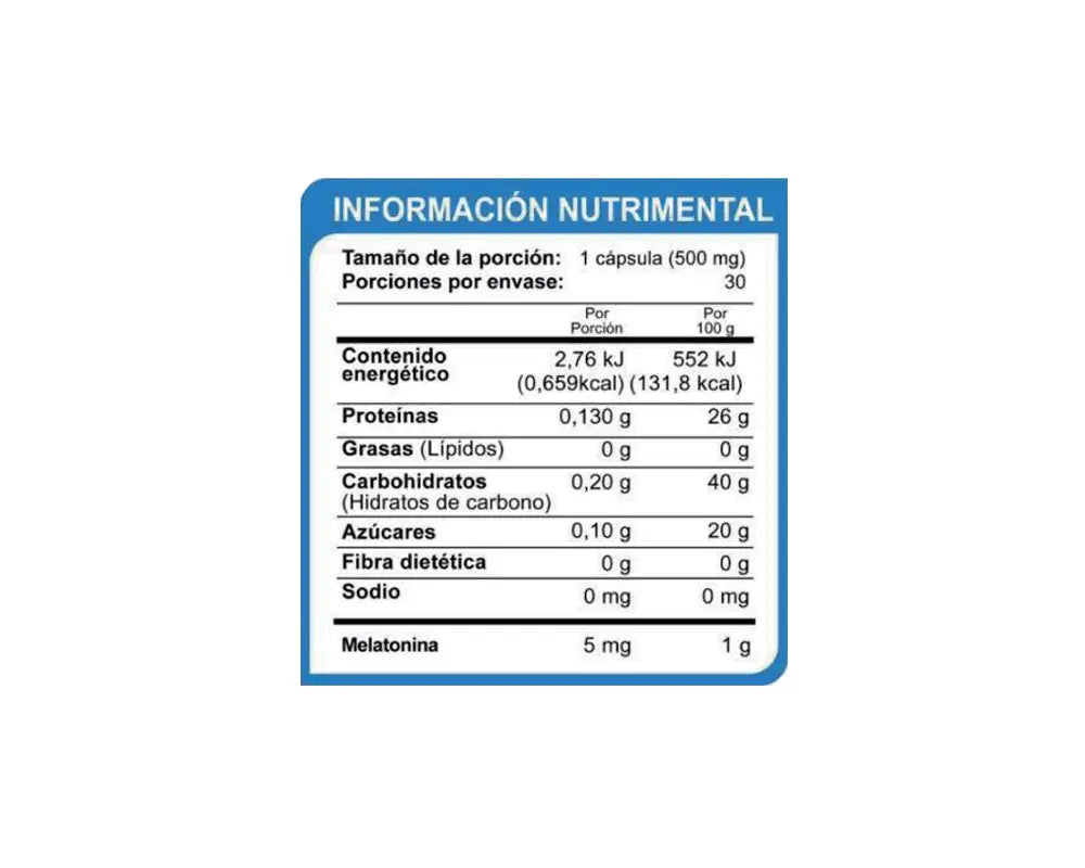 Tabla nutrimental de Mela-tonina 5mg Disminuye la ansiedad y el estrés nocturno