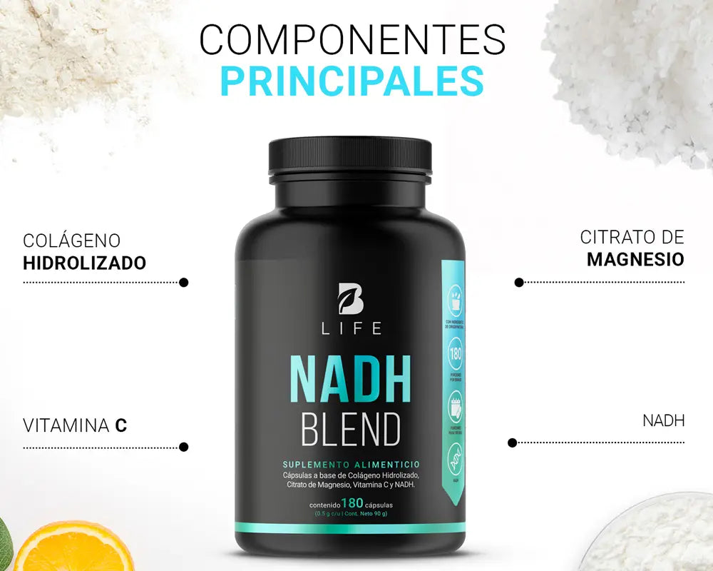 Ingredientes NADH Blend | NADH, Colágeno Hidrolizado y Vitamina C Fortalece la piel, cabello y uñas Apoya la salud ósea y articular