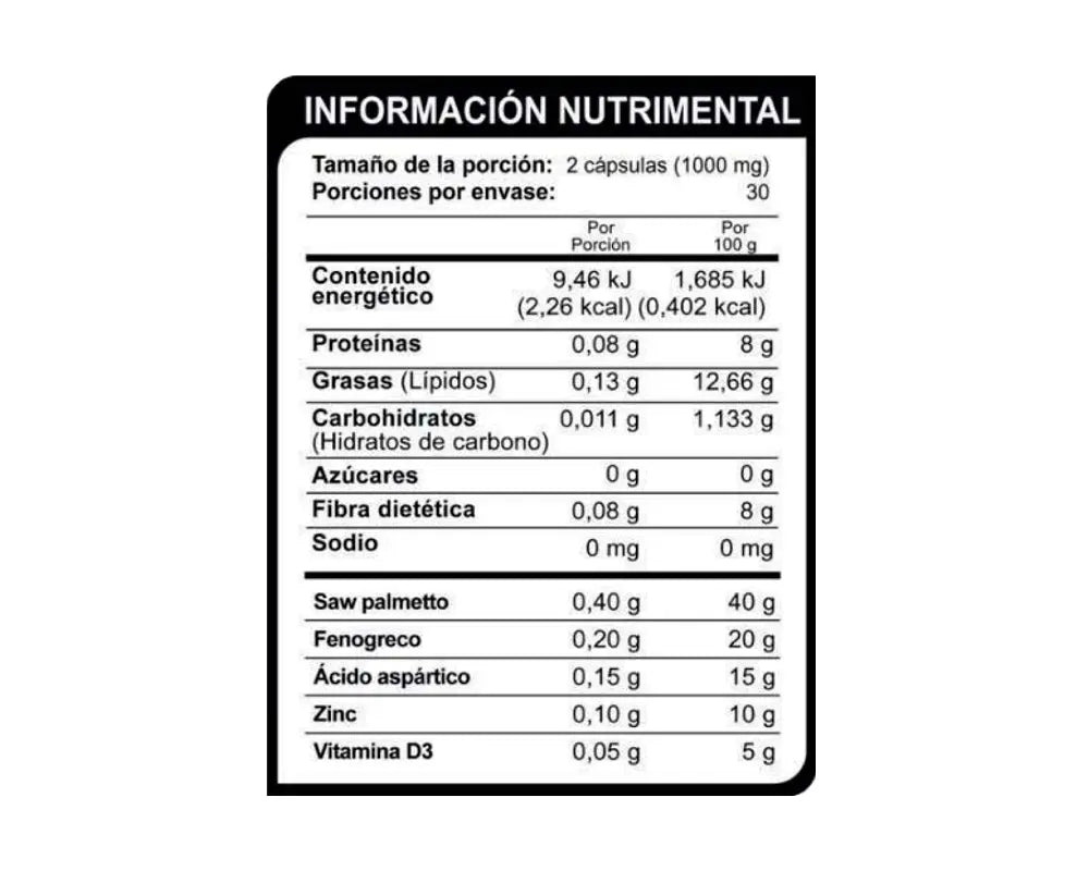 Tabla nutrimental de Pros Test Aporta energía y estabilidad hormonal