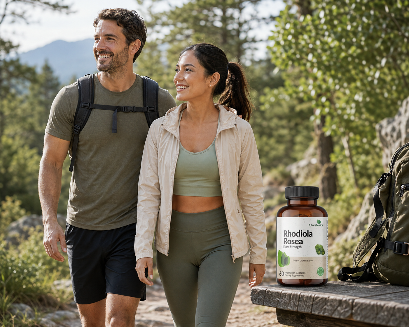 Pareja caminando al aire libre con Rhodiola Rosea Futurebiotics para energía sostenible y resistencia cotidiana