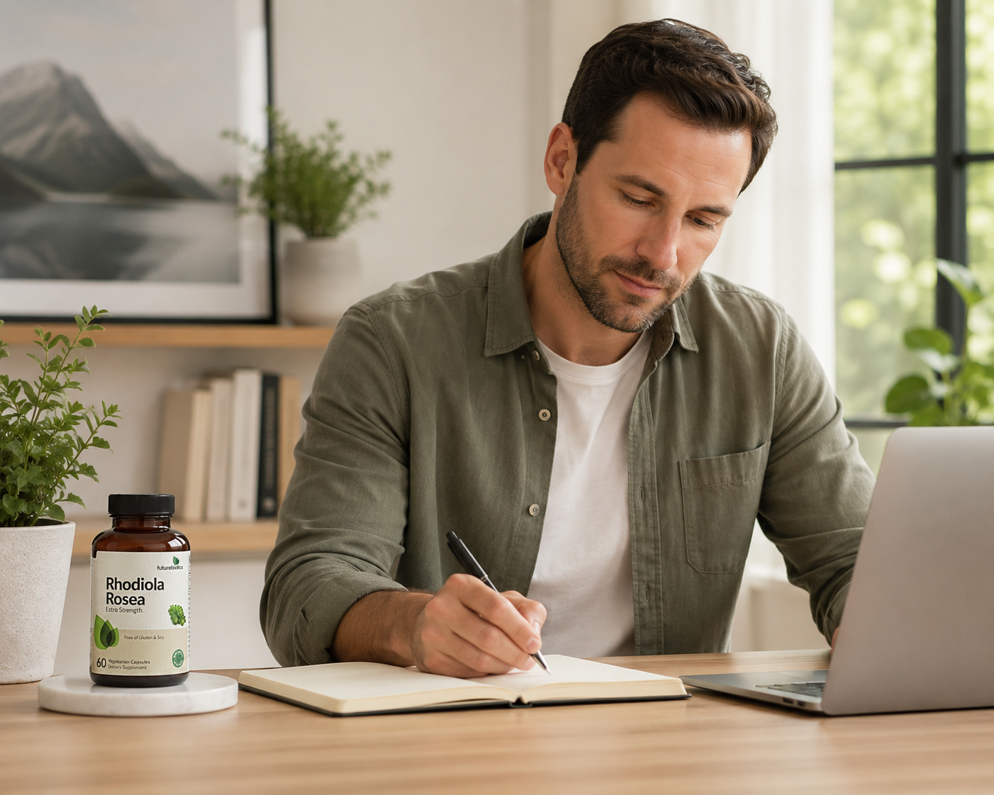 Hombre trabajando concentrado con Rhodiola Rosea Futurebiotics para claridad mental y enfoque diario