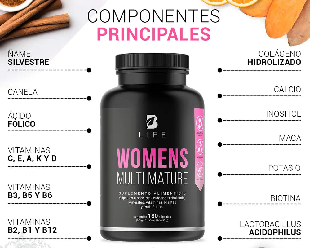 Ingredientes Naturales Womens Mult Matur3 B Life | Multivitamínico para Mujeres +40 Apoya la salud hormonal  Mejora la salud de la piel, el cabello y las uñas