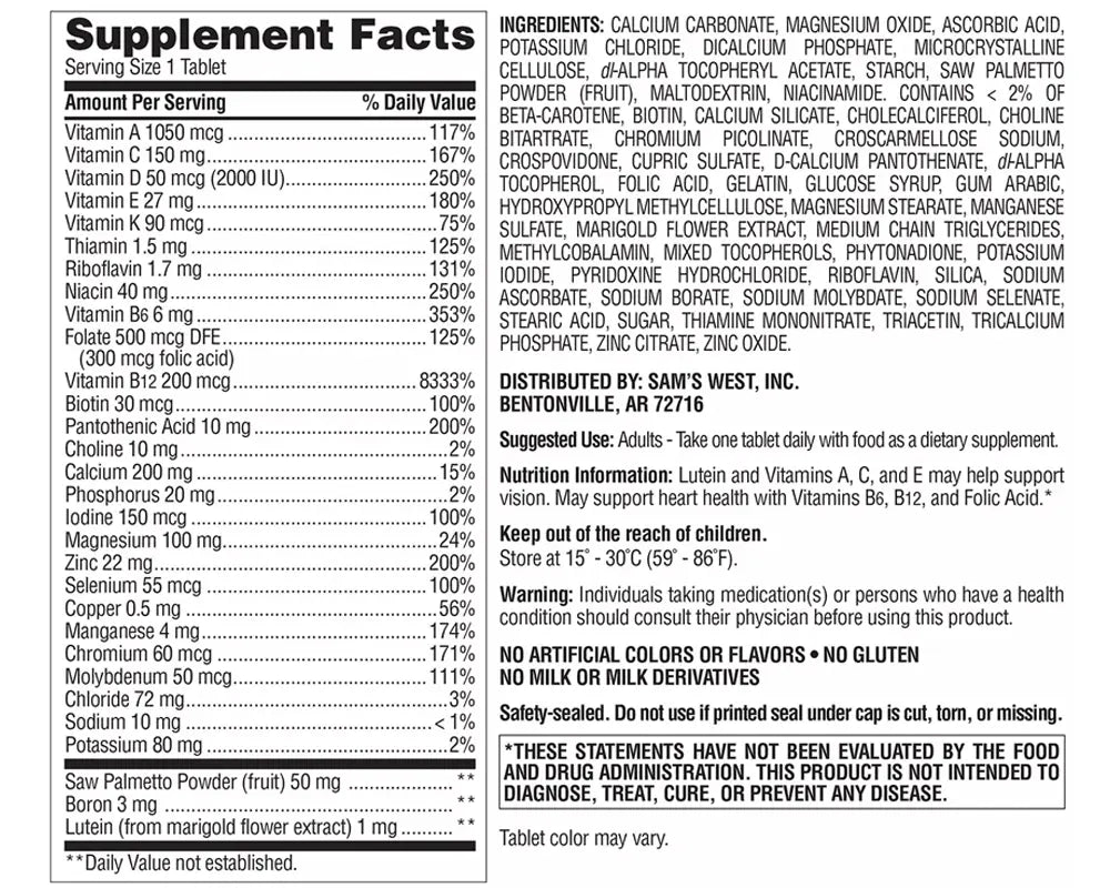 Ingredientes de Advanced Men's 50+ Multivitamin Member's Mark 