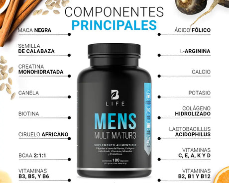 Ingredientes Mens Mult Matur3 B Life | Multivitamínico para Hombre +40 Propiedades antioxidantes Apoya la salud del sistema inmunológico Mejora la salud digestiva
