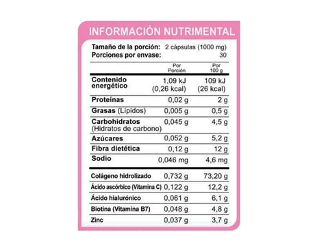 tabla nutrimental de Biotina+ con Colágeno y Ácido Hialurónico Apoya la producción de colágeno y regeneración celular