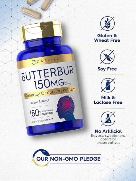 Carlyle Butterbur 150mg 180 capsulas Sin OGM, Libre de PA, Sin gluten, sin trigo, sin levadura, sin leche, sin lactosa y sin soja