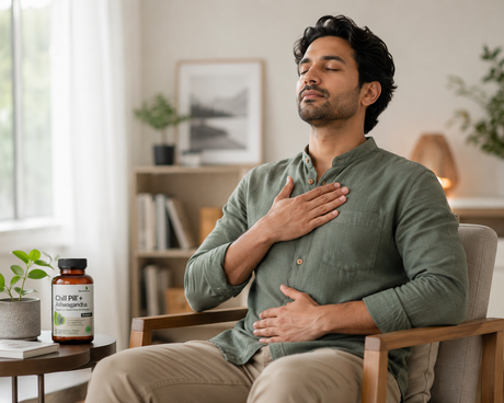 Hombre practicando respiración consciente con Chill Pill + Ashwagandha Futurebiotics para manejo del estrés