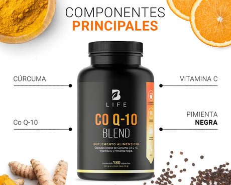 Ingredientes Co Q-10 Blend B Life | Coenzima Q10 Apoya la salud cardiovascular Reduce la inflamación Ayuda a eliminar las grasas del hígado