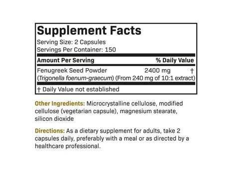 Ingredientes por cápsula Fenugreek Extra Strength 2400 MG Futurebiotics 