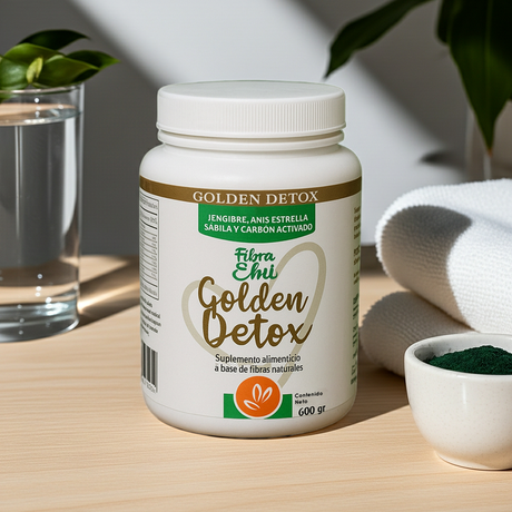 Para que sirve Fibra Ehui Golden Detox Elimina toxinas del organismo Acelera el metabolismo de forma natural