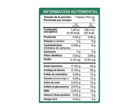 Información nutrimental del +Flex Mejora la flexibilidad y lubricación de las articulaciones