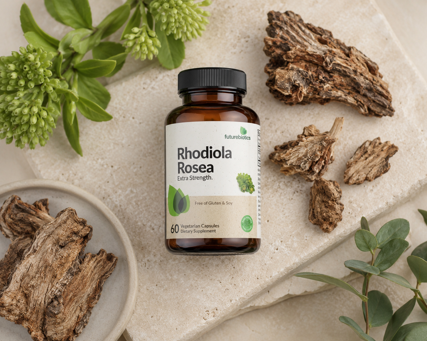 Rhodiola Rosea Futurebiotics con raíz de rodiola en composición natural para apoyo al rendimiento mental y físico