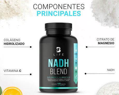 Ingredientes NADH Blend | NADH, Colágeno Hidrolizado y Vitamina C Fortalece la piel, cabello y uñas Apoya la salud ósea y articular