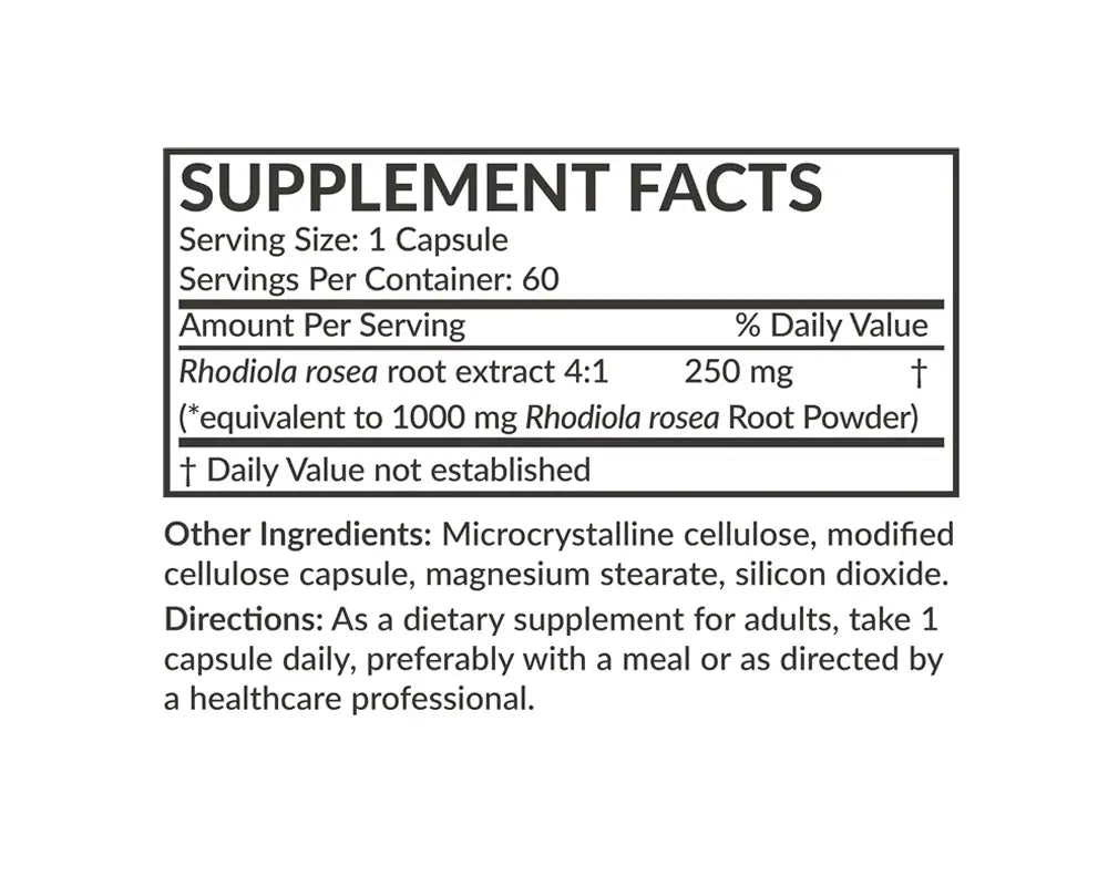 Ingredientes de Rhodiola Rosea Futurebiotics con raíz de rodiola y elementos botánicos naturales Ayuda a manejar estrés y fatiga