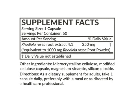 Ingredientes de Rhodiola Rosea Futurebiotics con raíz de rodiola y elementos botánicos naturales Ayuda a manejar estrés y fatiga