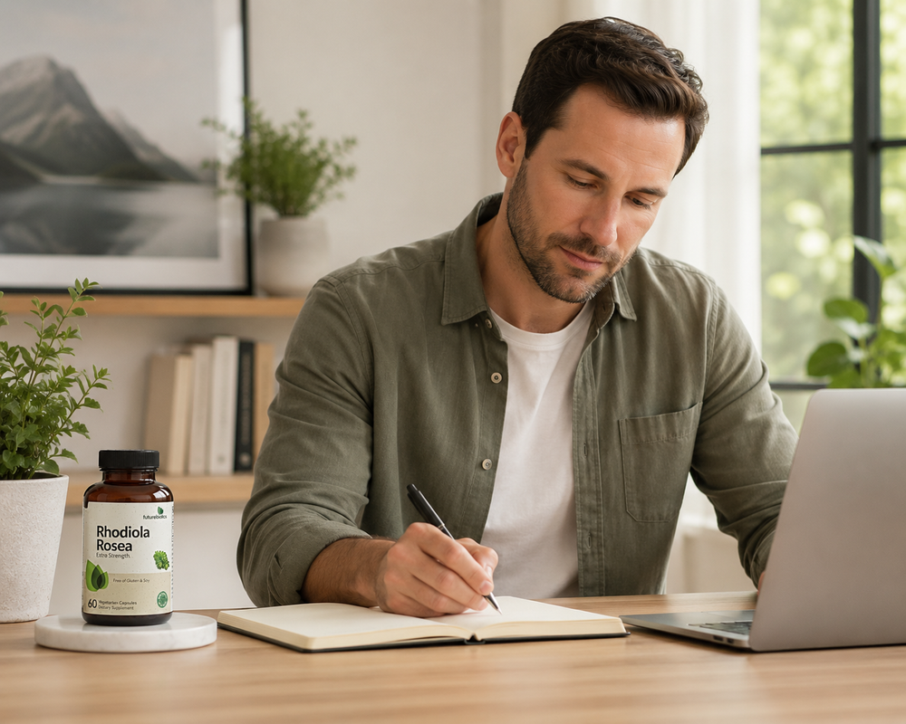 Hombre trabajando concentrado con Rhodiola Rosea Futurebiotics para claridad mental y enfoque diario