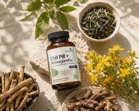 Ingredientes de Chill Pill + Ashwagandha Futurebiotics con ashwagandha, rodiola, hierba de San Juan y L-teanina